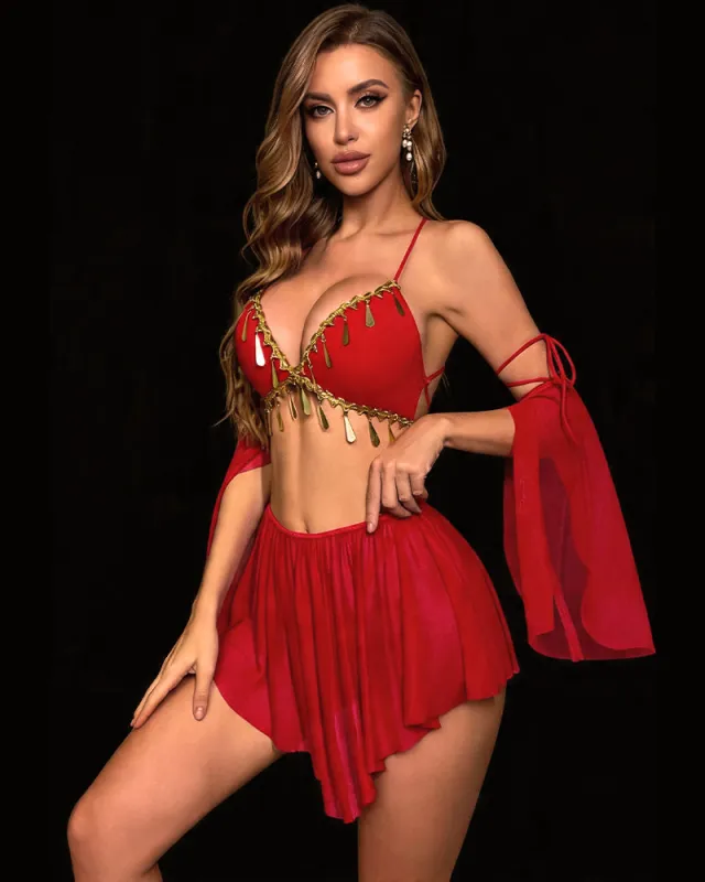 Metallic Chain Tassel Lingerie Set ¨C Bra and Mini Skirt with Sheer Arm Sleeves made by Avid Love