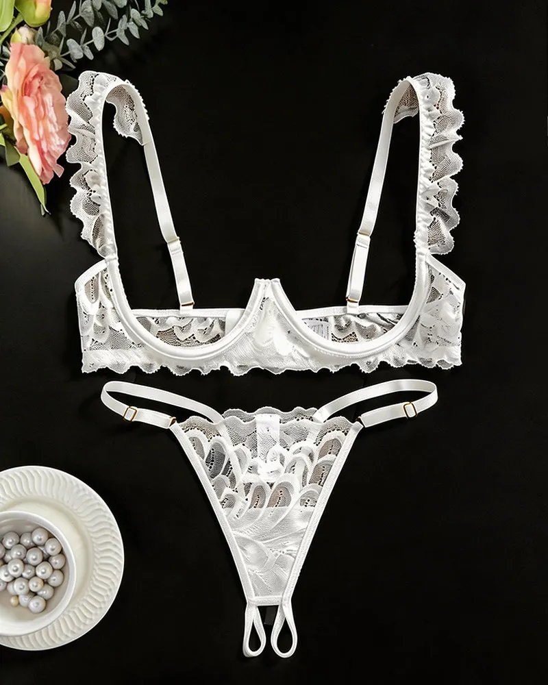Cupless Lace Bra and Crotchless Thong Set ¨C Scalloped Ruffle Strap Lingerie sold by Avid Love product image thumbnail 2