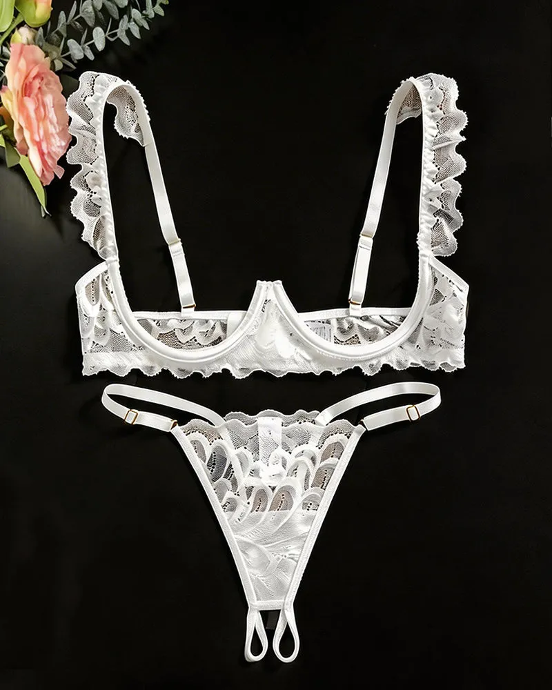 Cupless Lace Bra and Crotchless Thong Set ¨C Scalloped Ruffle Strap Lingerie sold by Avid Love