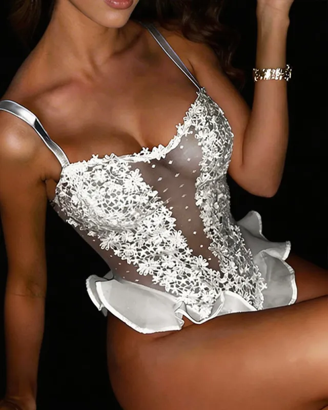 Sheer Floral Lace Bodysuit ¨C Ruffle Hem See-Through Teddy Lingerie made by Avid Love