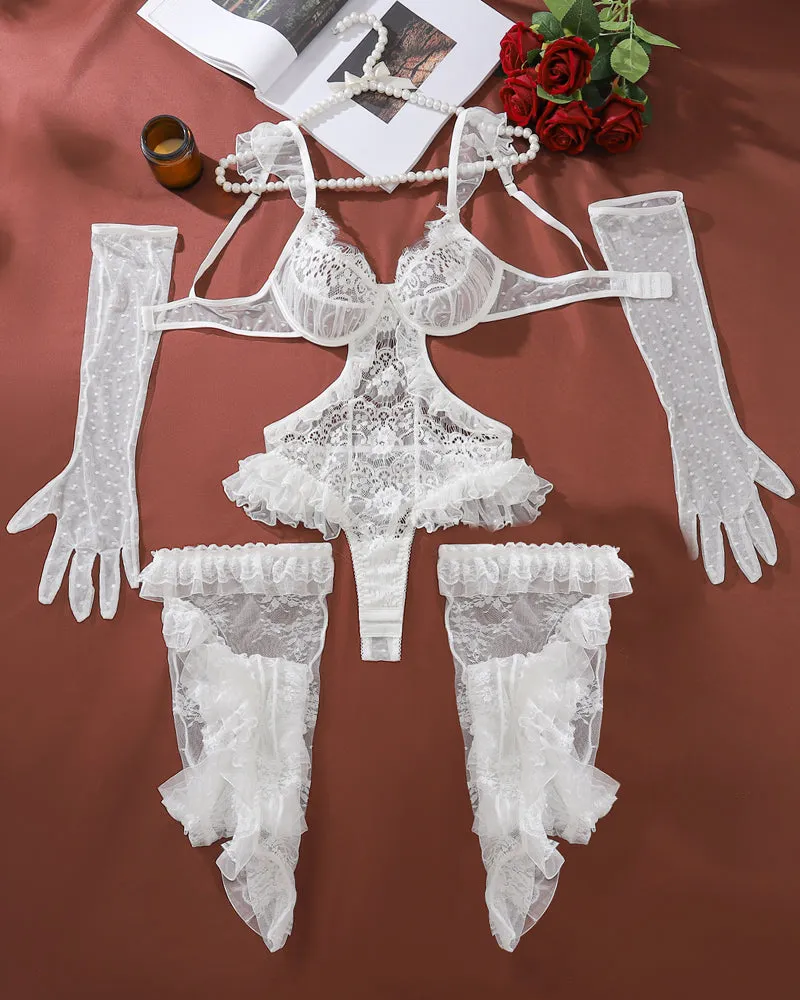 Lace Bodysuit Set with Long Gloves and Ruffled Stockings sold by Avid Love product image thumbnail 4