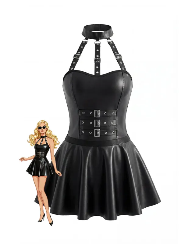 Leather Buckled Halter Bodysuit and Skirt 2-pcs Set made by Avid Love