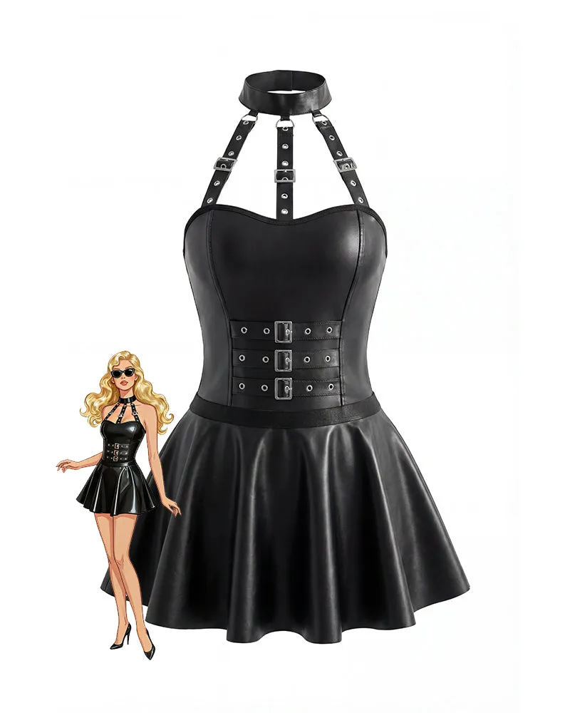 Leather Buckled Halter Bodysuit and Skirt 2-pcs Set sold by Avid Love
