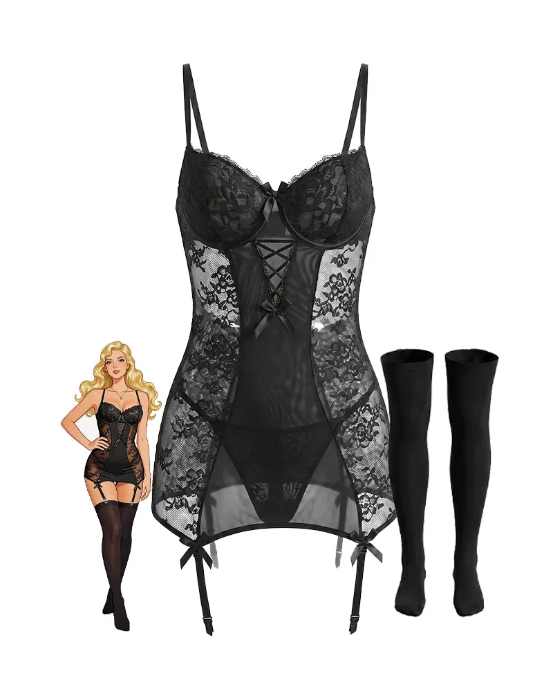 Sheer Lace Corset Chemises Matching Stockings 3-pcs Set sold by Avid Love