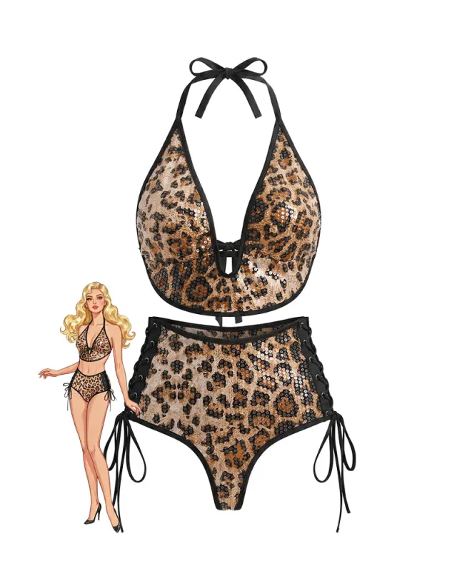 Leopard Sequin Halter Bikini Top & Lace-Up Bottoms Set made by Avid Love