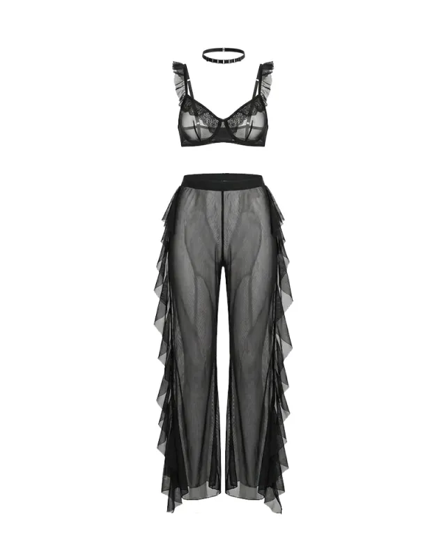 Sheer Ruffle Lace Bralette & Mesh Pants Set with Choker made by Avid Love