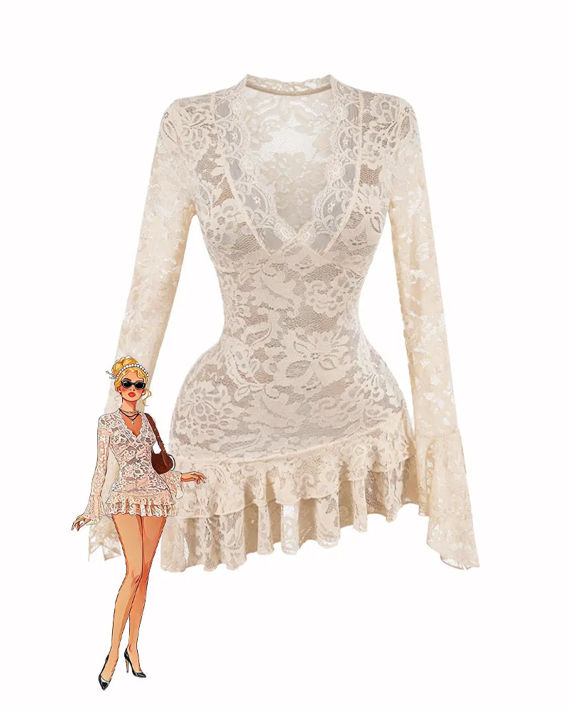 Cream Floral Lace Long Sleeve Ruffled Mini Dress sold by Avid Love