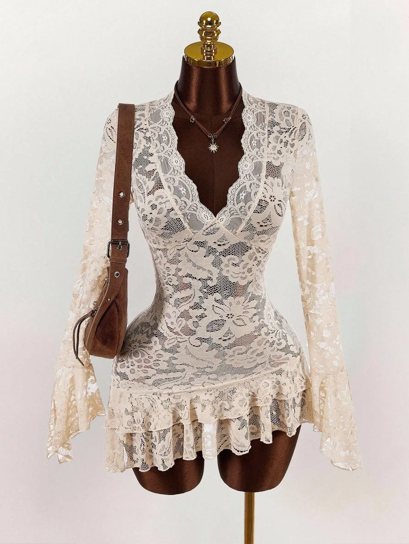Cream Floral Lace Long Sleeve Ruffled Mini Dress sold by Avid Love product image thumbnail 2
