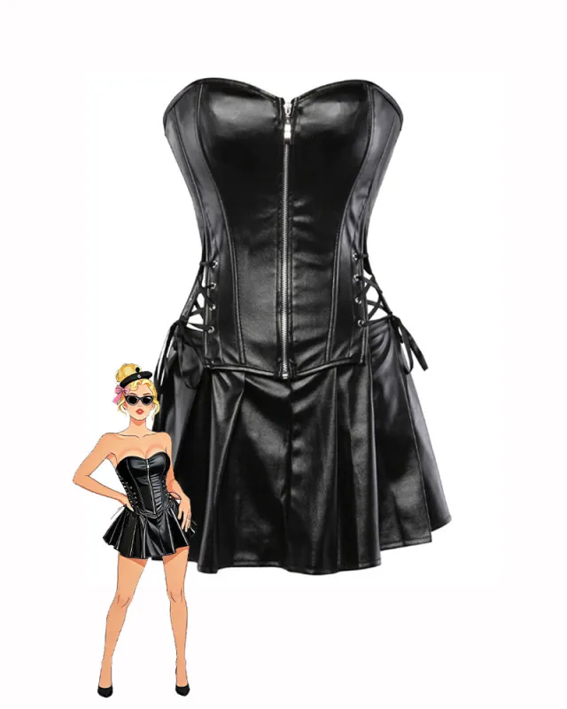 Faux Leather Strapless Corset Top Pleated Mini Skirt Set made by Avid Love