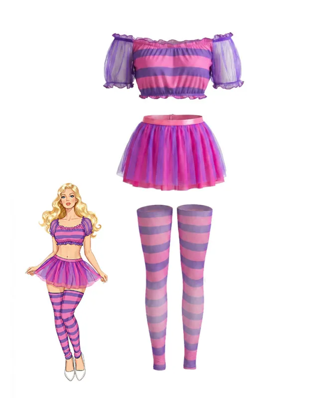 Striped Set Puff-Sleeve Crop Top + Tutu Skirt + Stockings (3-Piece Set) made by Avid Love