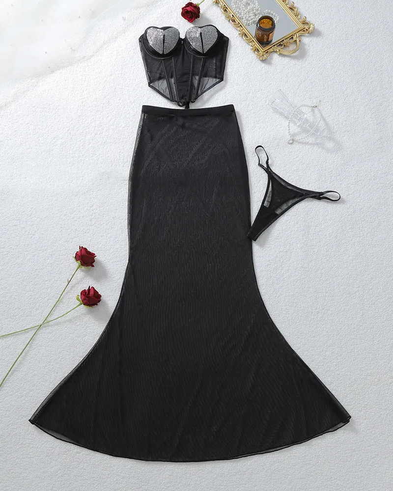 Heart Rhinestone Corset Top & Sheer Mesh Mermaid Skirt Set with Thong sold by Avid Love product image thumbnail 5