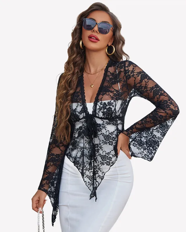Sheer Lace Bell Sleeve Tie-Front Bolero Shrug made by Avid Love