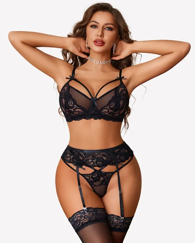 Lace Garter Belt Bra Panty 3-Piece Lingerie Set made by Avid Love