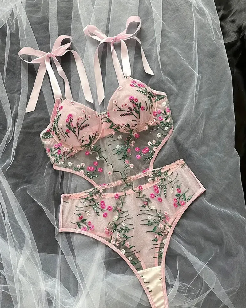 Floral Embroidered Sheer Bodysuit Plunge Underwire Teddy sold by Avid Love product image thumbnail 4