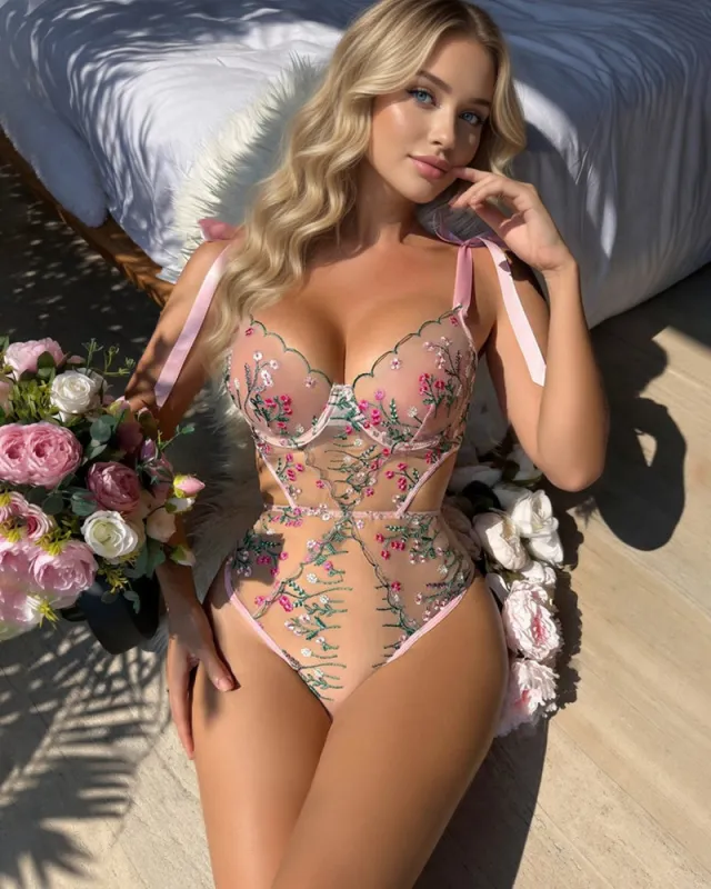 Floral Embroidered Sheer Bodysuit Plunge Underwire Teddy made by Avid Love