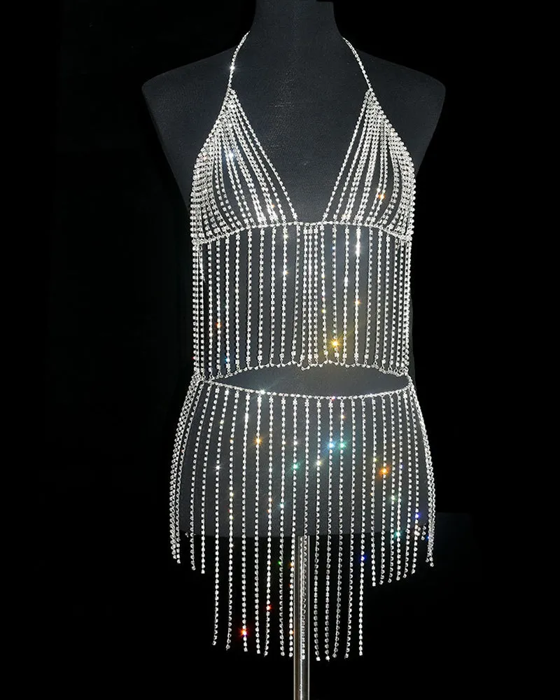 Silver Rhinestone Fringe Lingerie Set - Sexy Halter Tassel Crop Top & Mini Skirt sold by Avid Love product image thumbnail 5