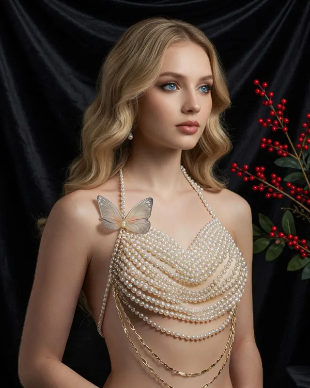 Pearl Butterfly Halter Top - Multi-Layer Pearl Body Jewelry Top made by Avid Love
