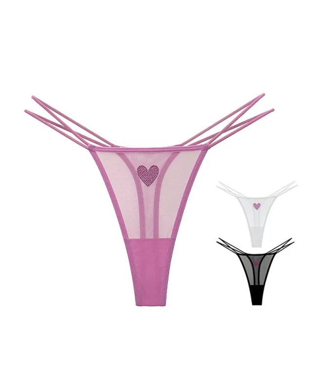 Sheer Mesh Rhinestone Heart Thong - Sexy Multi-Strap Low Rise Panties made by Avid Love