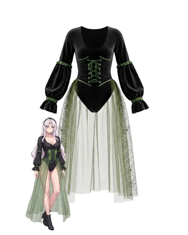 Velvet Lace-Up Corset Long-Sleeve Bodysuit with Tulle Skirt made by Avid Love