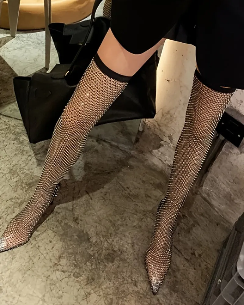 Rhinestone Fishnet Over-the-Knee Stiletto Boots sold by Avid Love product image thumbnail 2