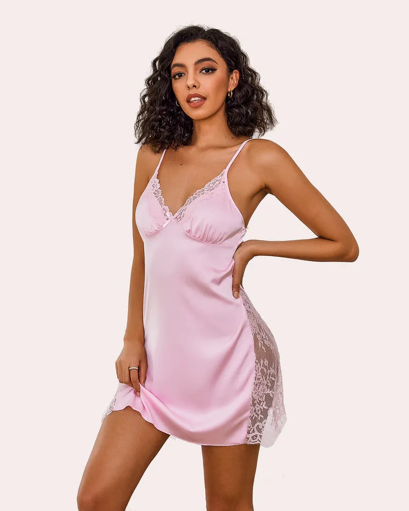 Satin Nightgown V Neck Lace Chemise sold by Avid Love product image thumbnail 4