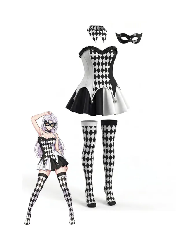 Harlequin Cosplay Costume Dress with Stockings Choker and Mask Set made by Avid Love