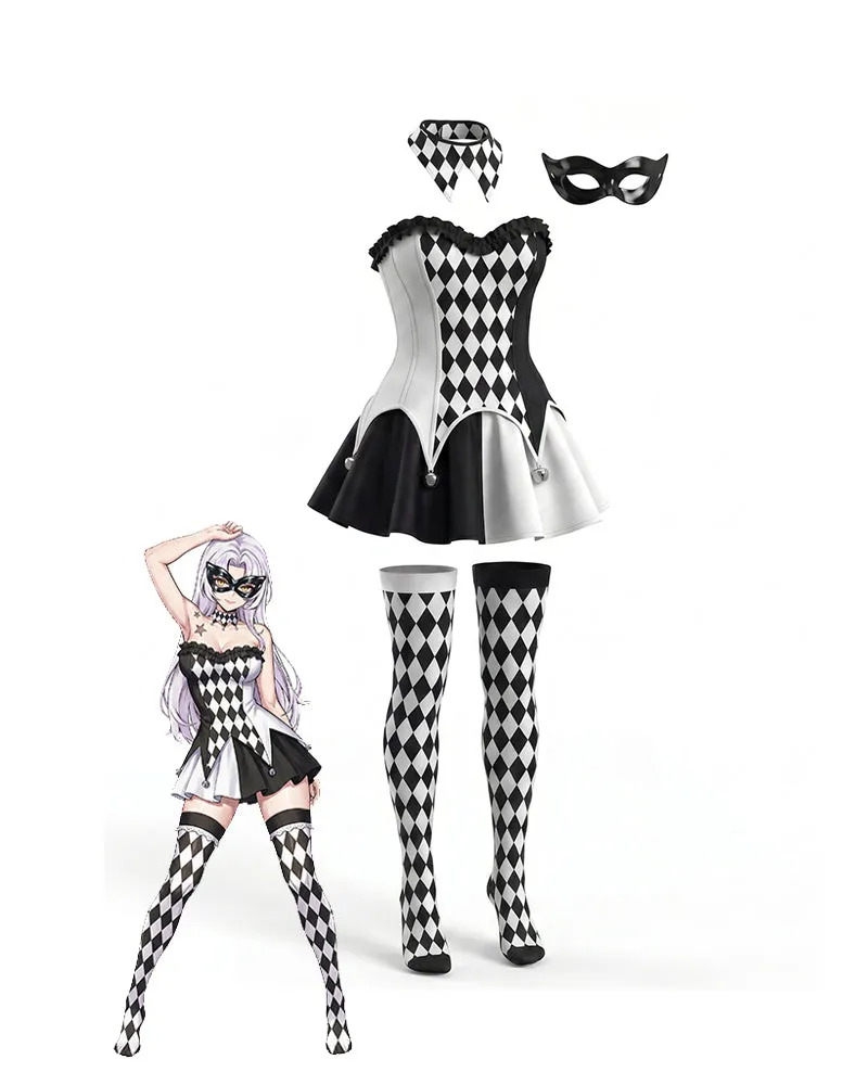 Harlequin Cosplay Costume Dress with Stockings Choker and Mask Set sold by Avid Love