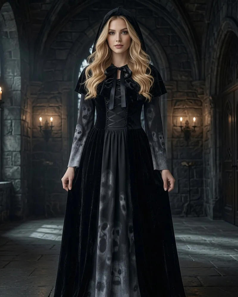 Gothic Witch Long Sleeve Maxi Dress with Cape and Tie Belt 3-Piece Set sold by Avid Love product image thumbnail 3