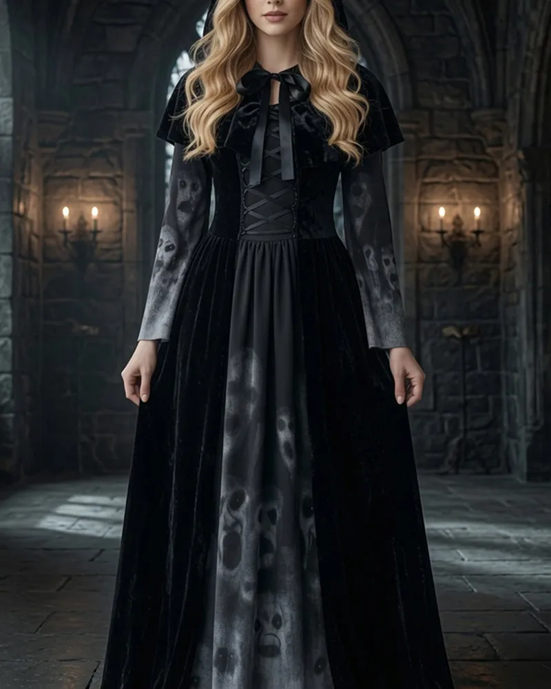 Gothic Witch Long Sleeve Maxi Dress with Cape and Tie Belt 3-Piece Set sold by Avid Love product image thumbnail 4