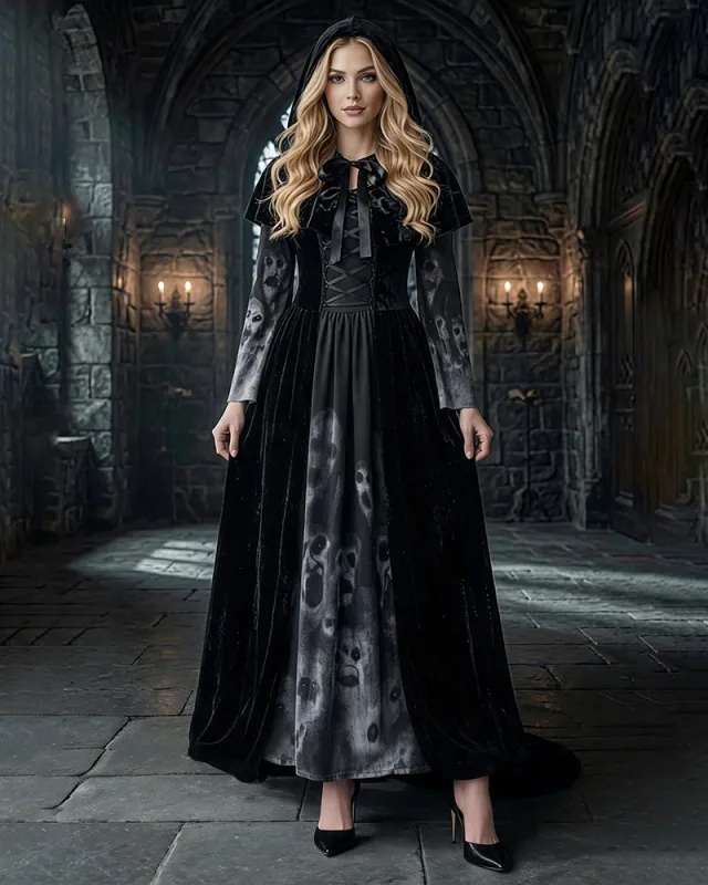 Gothic Witch Long Sleeve Maxi Dress with Cape and Tie Belt 3-Piece Set made by Avid Love
