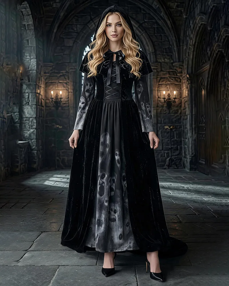 Gothic Witch Long Sleeve Maxi Dress with Cape and Tie Belt 3-Piece Set sold by Avid Love