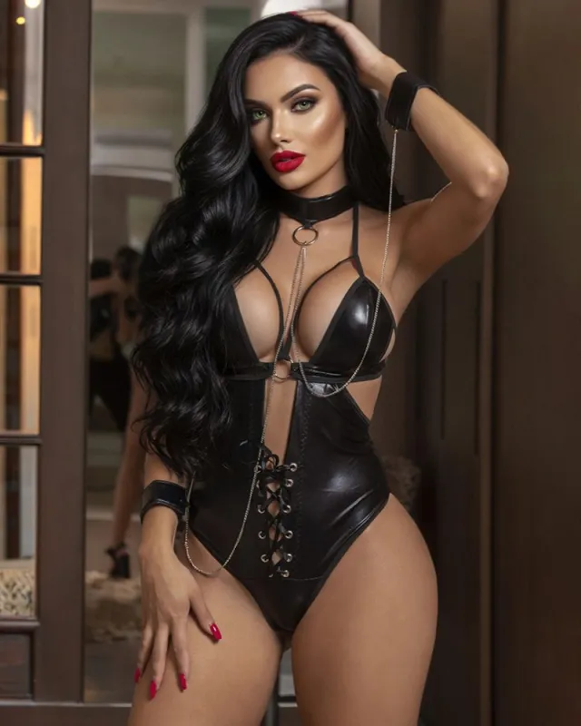 Faux Leather Lace-Up Teddy Bodysuit with Chain and Collar Set made by Avid Love