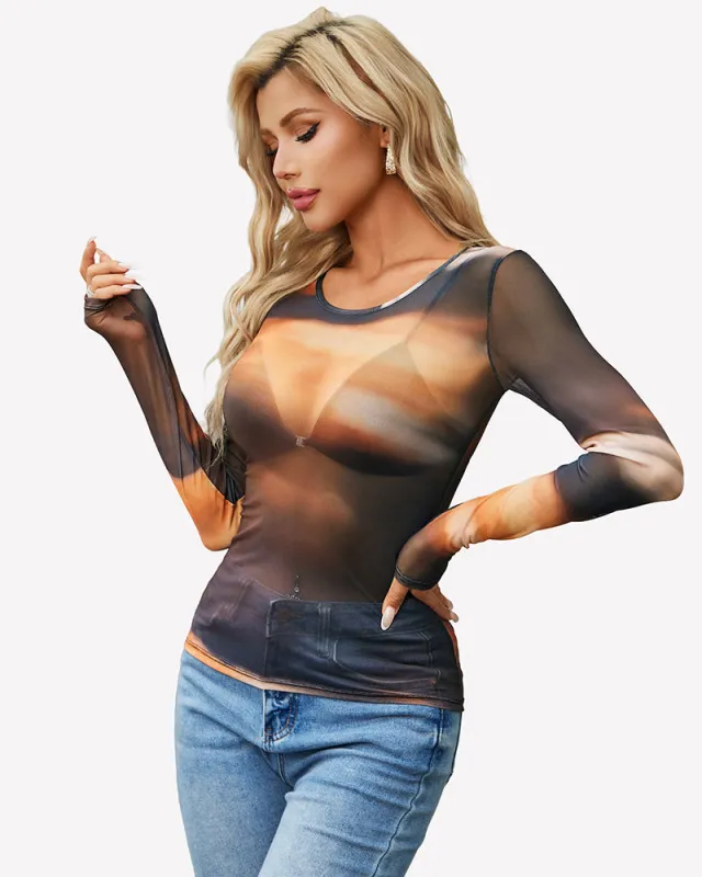 Sheer Mesh Long Sleeve Top See Through Crew Neck Slim Fit Clubwear made by Avid Love