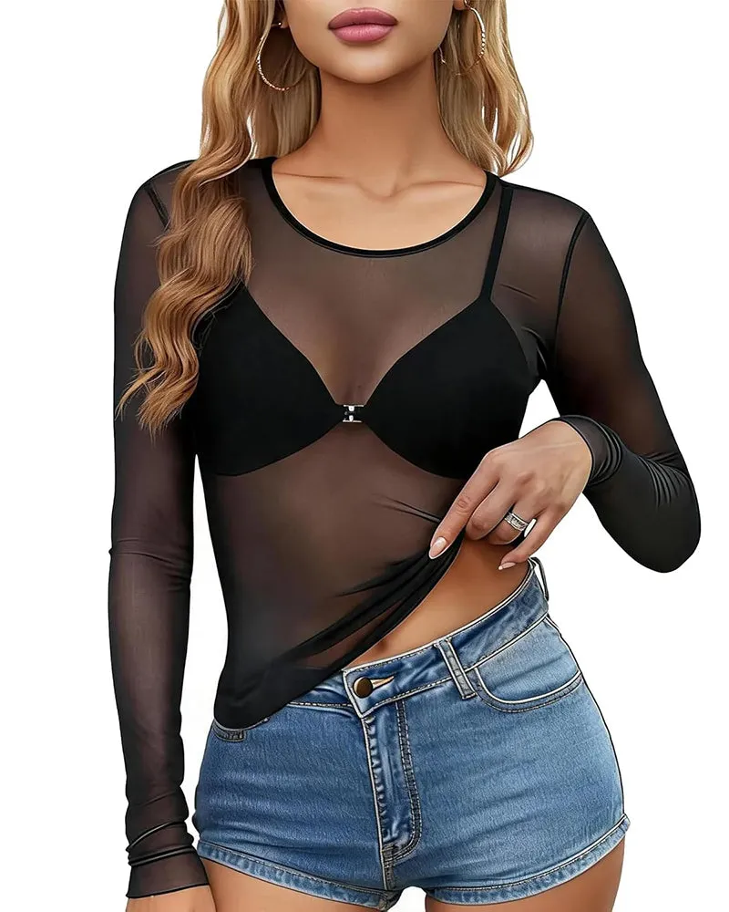 Sheer Mesh Long Sleeve Top See Through Crew Neck Slim Fit Clubwear sold by Avid Love product image thumbnail 4