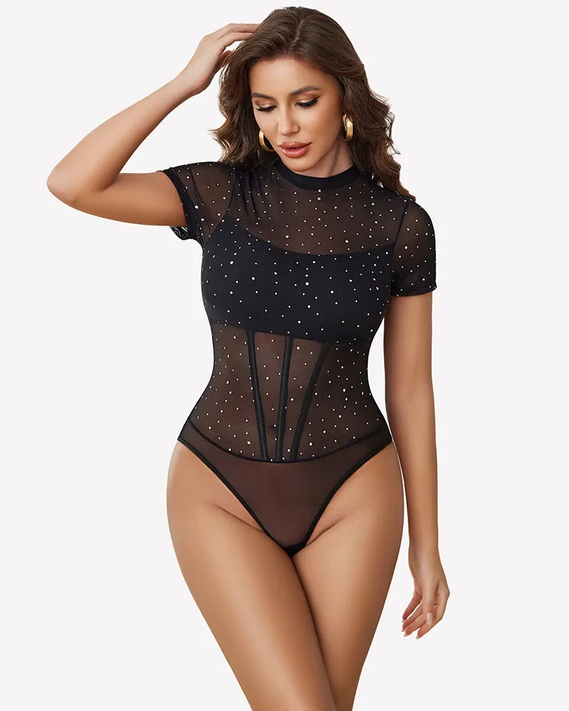 Mock Neck Sheer Mesh Rhinestone Bodysuit sold by Avid Love