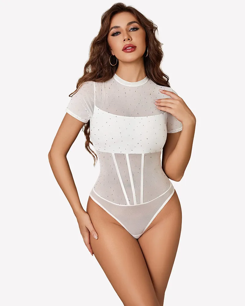 Mock Neck Sheer Mesh Rhinestone Bodysuit sold by Avid Love product image thumbnail 5