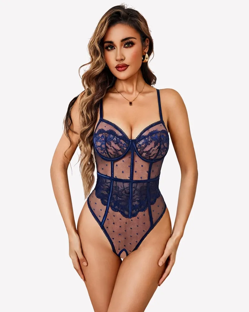 Sheer Mesh Lace Bodysuit V Neck Teddy Lingerie sold by Avid Love product image thumbnail 4