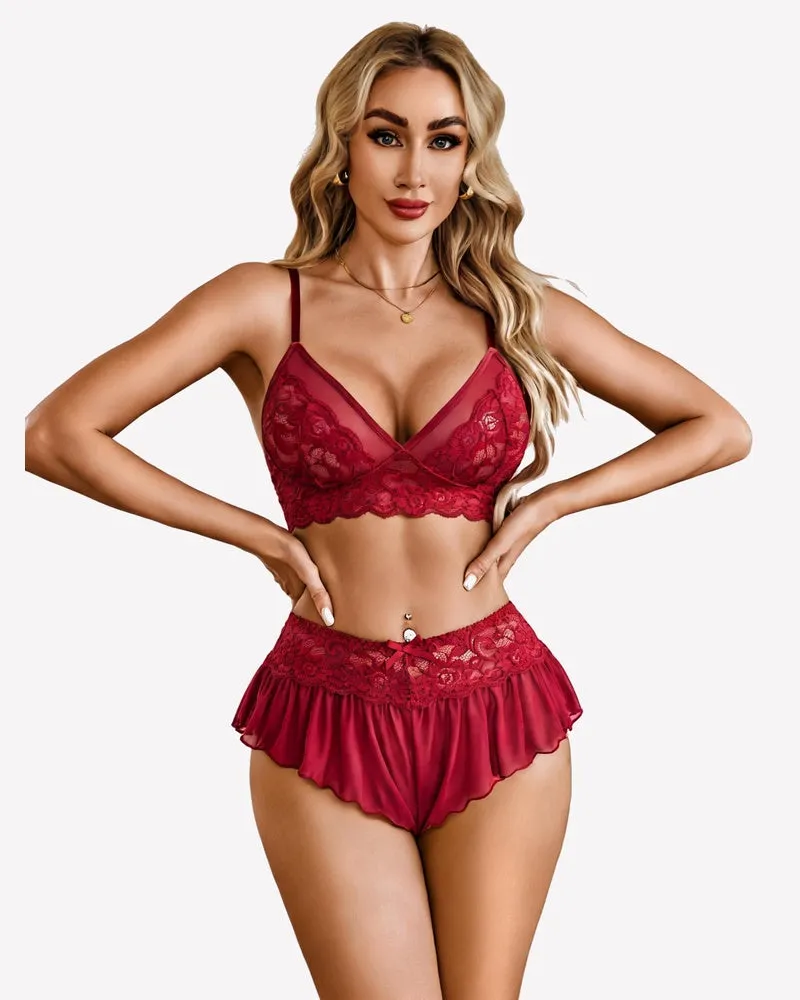 2 Piece Sheer Mesh Bralette and Ruffled Skirt Panty No Underwire sold by Avid Love product image thumbnail 4