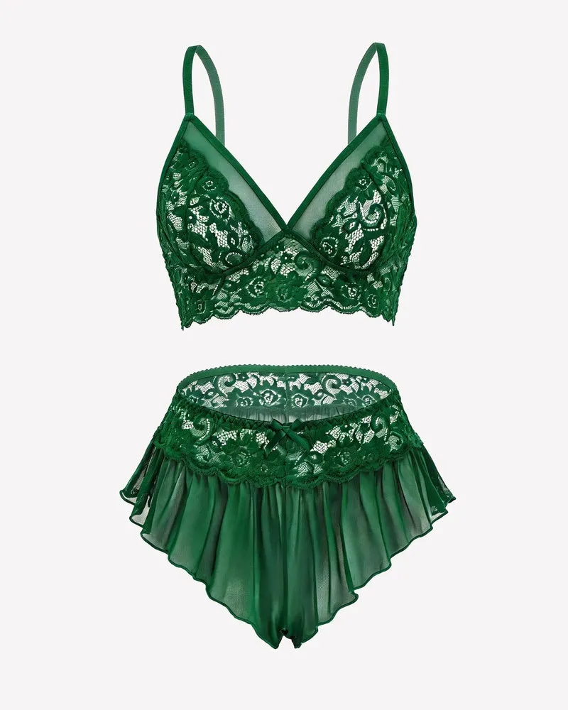 2 Piece Sheer Mesh Bralette and Ruffled Skirt Panty No Underwire sold by Avid Love product image thumbnail 2