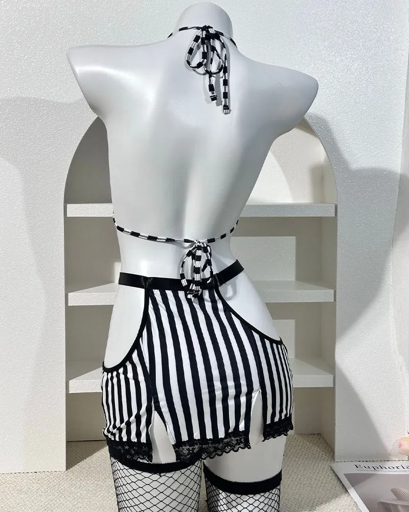Striped Lace Trim Bra & Skirt Lingerie Set with Chain Detail sold by Avid Love product image thumbnail 5