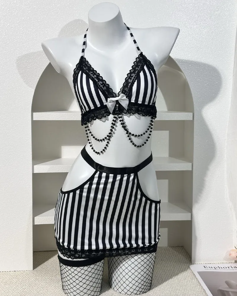 Striped Lace Trim Bra & Skirt Lingerie Set with Chain Detail sold by Avid Love product image thumbnail 4
