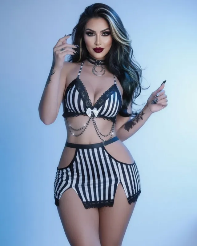 Striped Lace Trim Bra & Skirt Lingerie Set with Chain Detail made by Avid Love