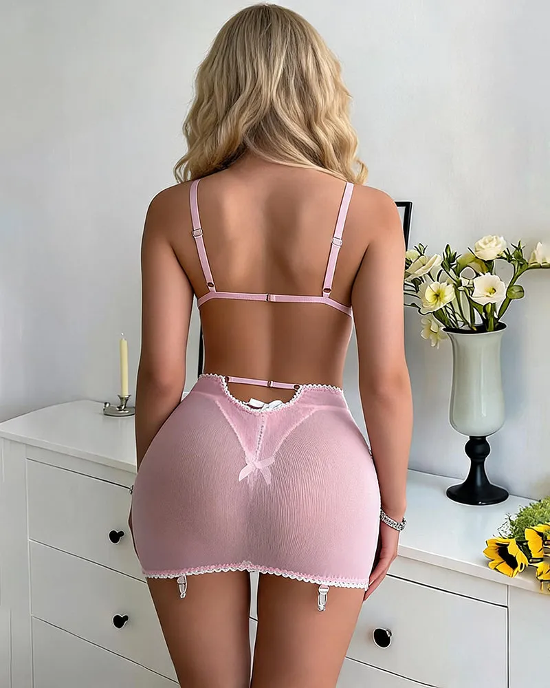 Mesh Bow Trim Bra Crop Top Mini Skirt and Thong Lingerie Set sold by Avid Love product image thumbnail 2