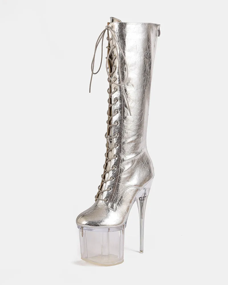 Metallic Platform Lace-Up Knee-High Stiletto Boot sold by Avid Love product image thumbnail 3