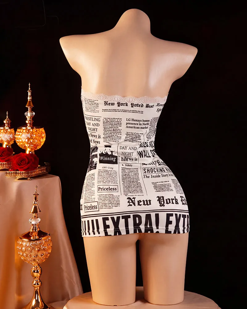 Sheer Mesh Newspaper Print Mini Dress and Thong Set sold by Avid Love product image thumbnail 4