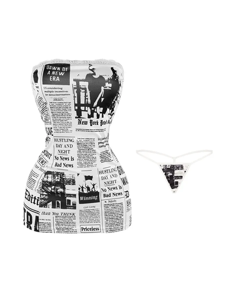 Sheer Mesh Newspaper Print Mini Dress and Thong Set sold by Avid Love product image thumbnail 5