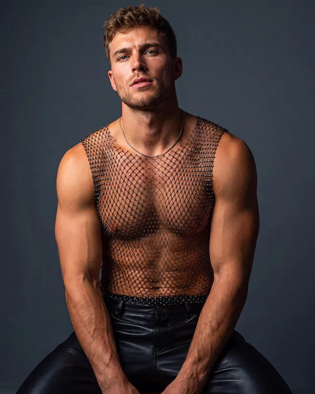 Men's Rhinestone Fishnet Muscle Tank Top made by Avid Love
