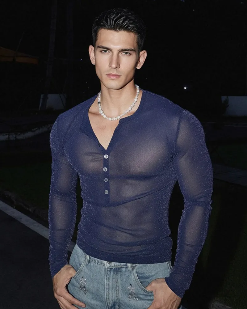 Men's Sheer Glitter Button Henley Long Sleeve Top sold by Avid Love product image thumbnail 3