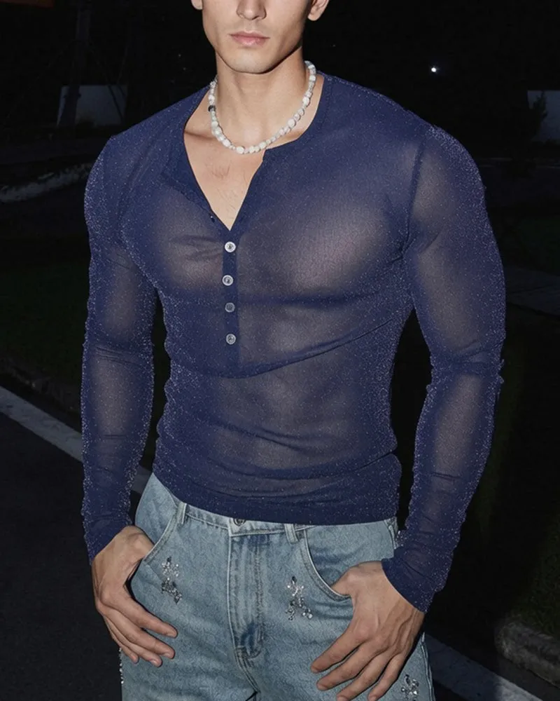 Men's Sheer Glitter Button Henley Long Sleeve Top sold by Avid Love product image thumbnail 4