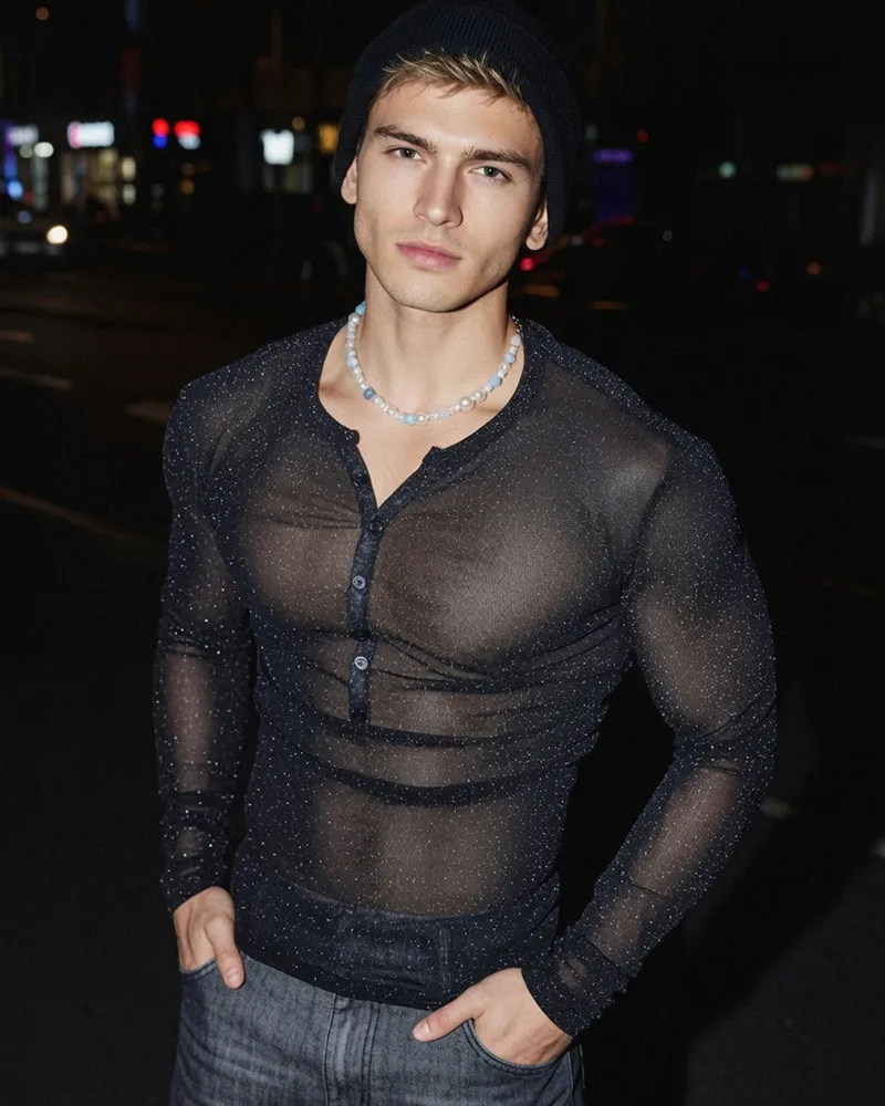 Men's Sheer Glitter Button Henley Long Sleeve Top sold by Avid Love